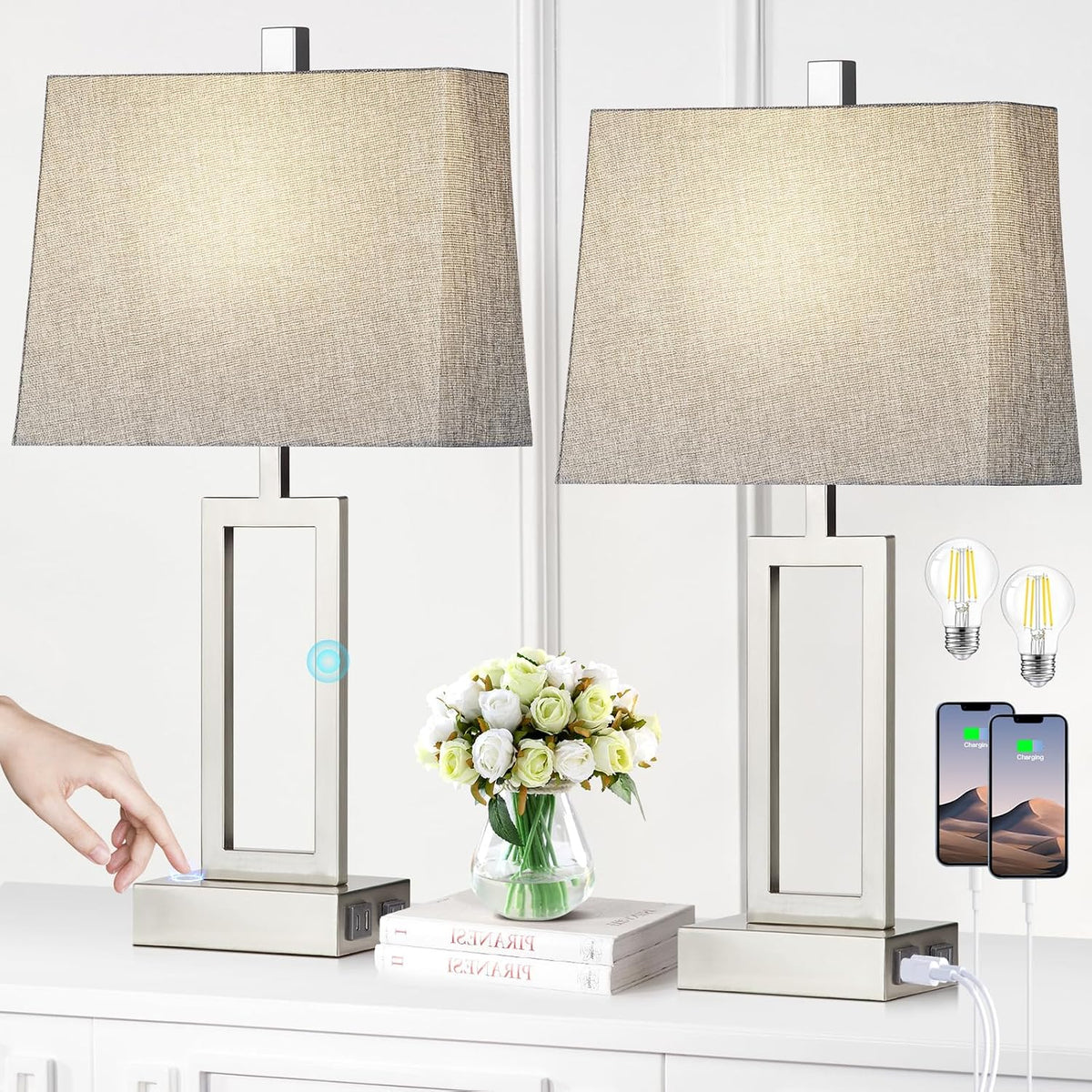 Rinweey 23.5" Touch Control Table Lamps Set of 2, Modern Silver Bedside Lamps with USB A+C Ports & AC Outlet, 3 Way Dimmable Contemporary Nightstand Lamps for Bedroom Living Room(2 LED Bulb Included)