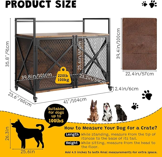 Dog Crate Furniture, 41 Inch Dog Kennel Indoor with Removable Cushion, Heavy Duty Dog Crate for Large Dogs and Medium Dogs, Wooden Dog Cage End Table with Double Doors, Rustic Brown