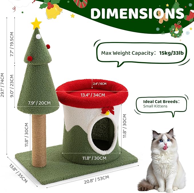 COSIEST 30in Christmas Cat Tree for Kittens, Kitty Condo with Top Perch, Small Cat Tree House with Sisal Scratching Posts, Cat Safe Christmas Tree Tower for Indoor Cats, Activity Center, Red & Green