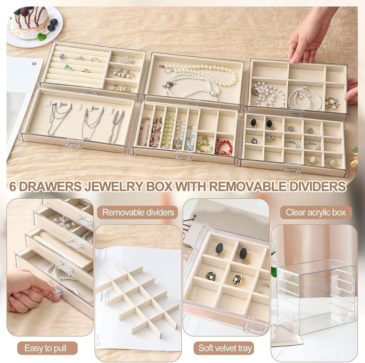 Earring Organizer 6 Drawers Acrylic Jewelry Box for Women, Cream,Clear