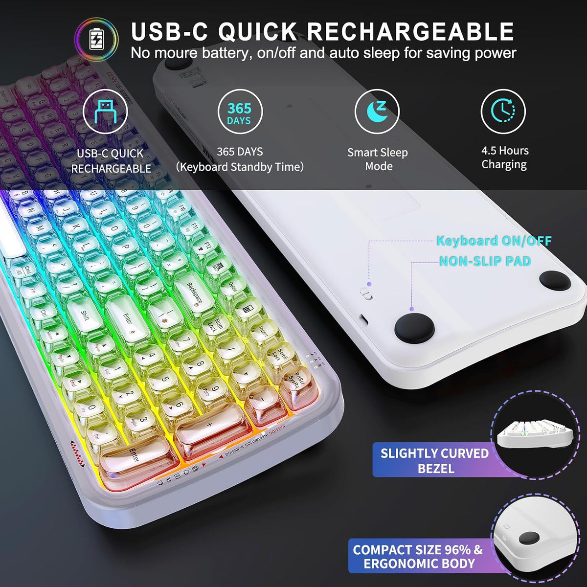 FOPETT Wireless Computer Keyboard with RGB Backlit, Tri-Mode Bluetooth 5.0/USB-C/2.4GHz Ergonomic Gaming Keyboard - Full-Size Rechargeable Transparent Keycap for Laptop/Windows/PC - White