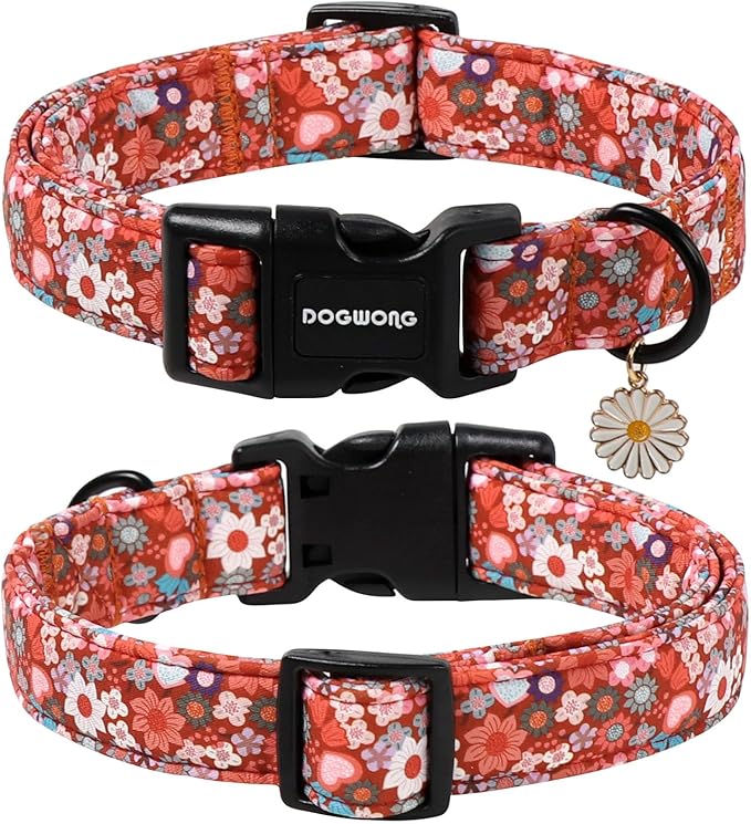 DOGWONG Red Flower Dog Collar, Cute Adjustable Floral Collar, Girl Female Dog Collar with Strong Plastic Buckle for Small Medium Large Dogs,XS