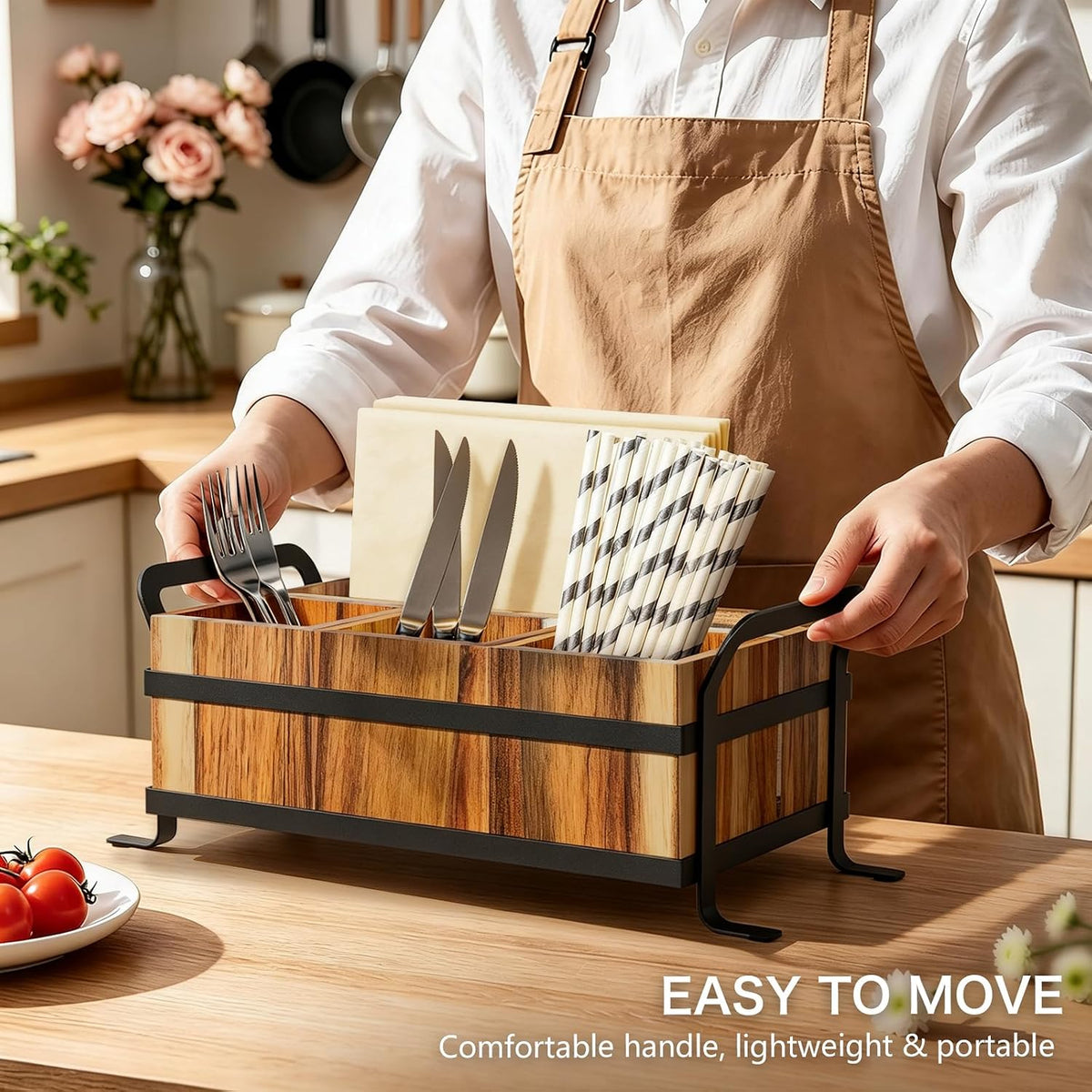 Acacia Wood Silverware Caddy for Party, 4 Compartment