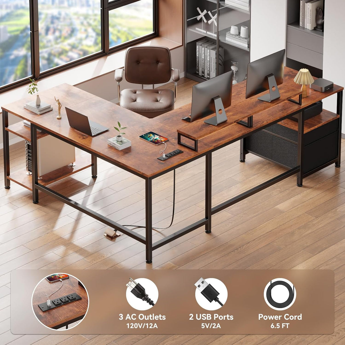 Furologee 66'' L Shaped Desk with Power Outlet and 2 Drawers, Rustic Brown