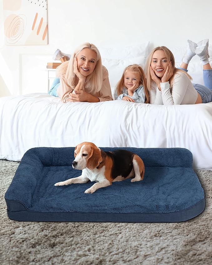 35'' x 22'' x 3.2'' L-Shaped Orthopedic Dog Beds, Medium Dogs Bed with Removable Cover and Nonskid Bottom, Navy Blue