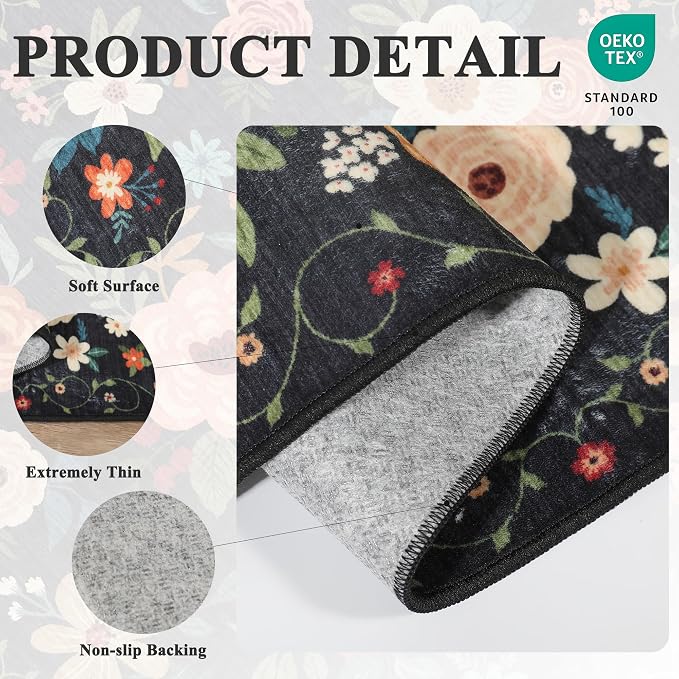 DUKINO 2x5 Runner Rug for Hallway, Washable Kitchen Floral Runner Rug