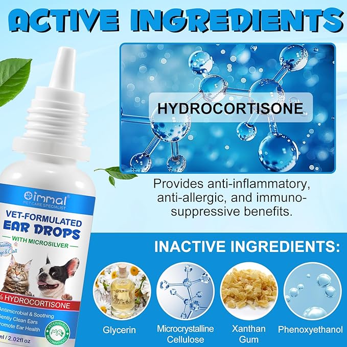 Dog & Cat Ear Infection Treatment Drops, Pets Ear Cleaning Drops with 1% Hydrocortisone for Dog & Cats Yeast Infection, Itchy Ear Relief, Pet Ear Care Supplies for Dogs & Cats -2fl oz