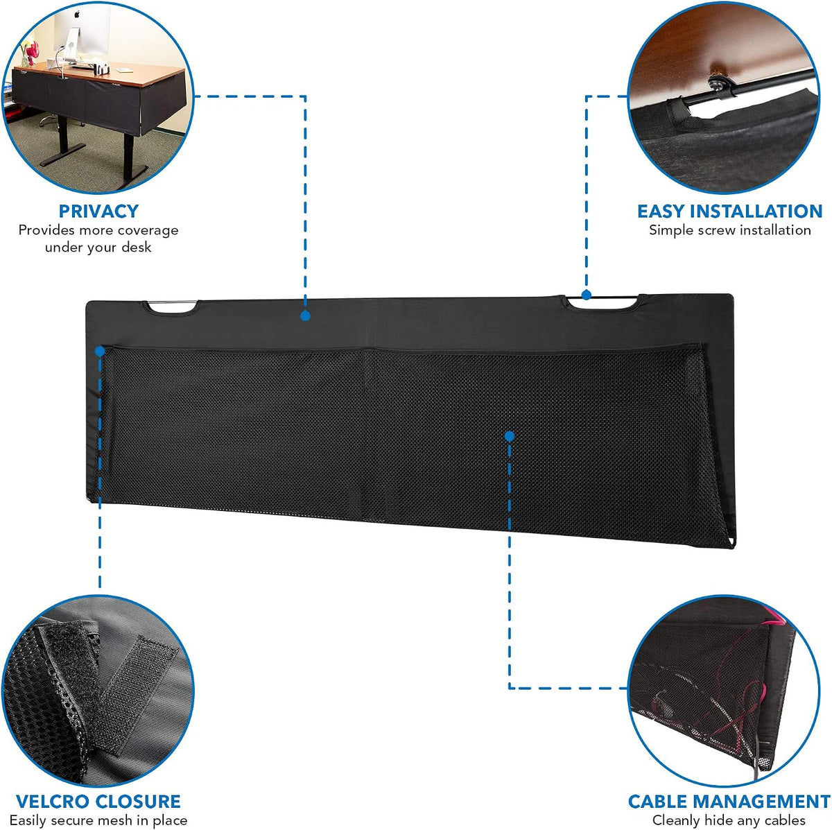 Mount-It! Under Desk Privacy Panel for Sit Stand Workstations [41 Inches Wide], with Cable Management and Organizer Pockets, Modesty Desk Skirt for Home and Office (Black)