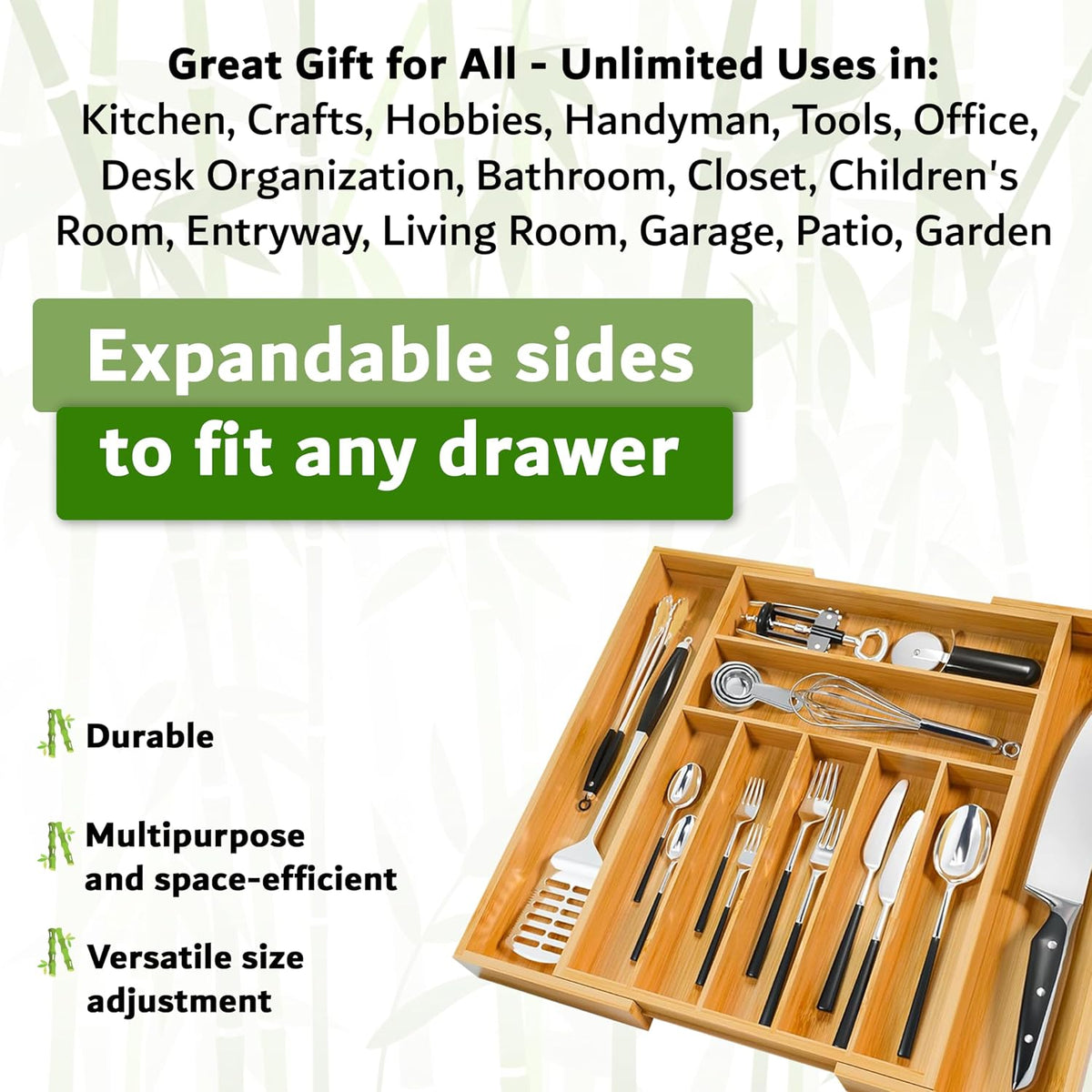 Nature Gear Bamboo Kitchen Drawer Organizer, Expandable Wood Utensil Tray, Adjustable Silverware Organizer with 9 Compartments for Fork, Spoon & Knife Utensils