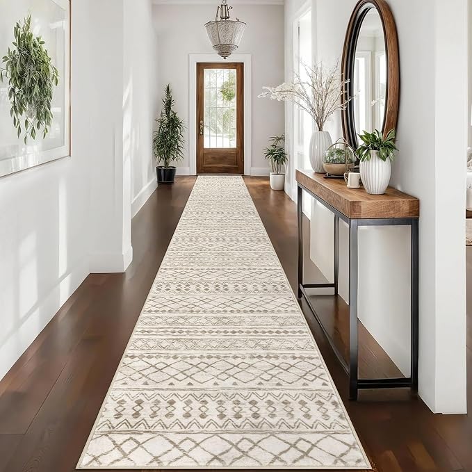 KUTA Boho Runners for Hallways 2.6x16 ft Moroccan Beige Washable Long Hall