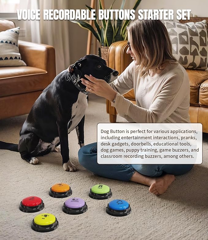 6 Pcs Dog Buttons for Communication Pet Training Buzzer, 30 Second Voice Recording Button, Dog Talking Button Set with 6 Color Anti-Slip Mat and 48 Scene Stickers