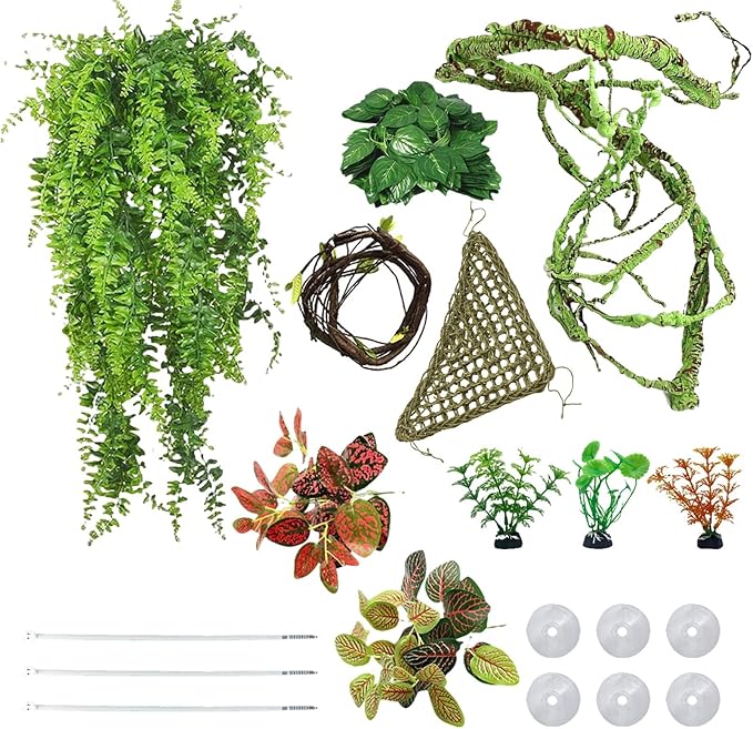 kathson 10 PCS Reptile Vines Plants Flexible Bendable Jungle Climbing Vine Terrarium Plastic Plant Leaves Pet Tank Habitat Decor for Bearded Dragons Lizards Geckos Snakes Frogs and More Reptiles