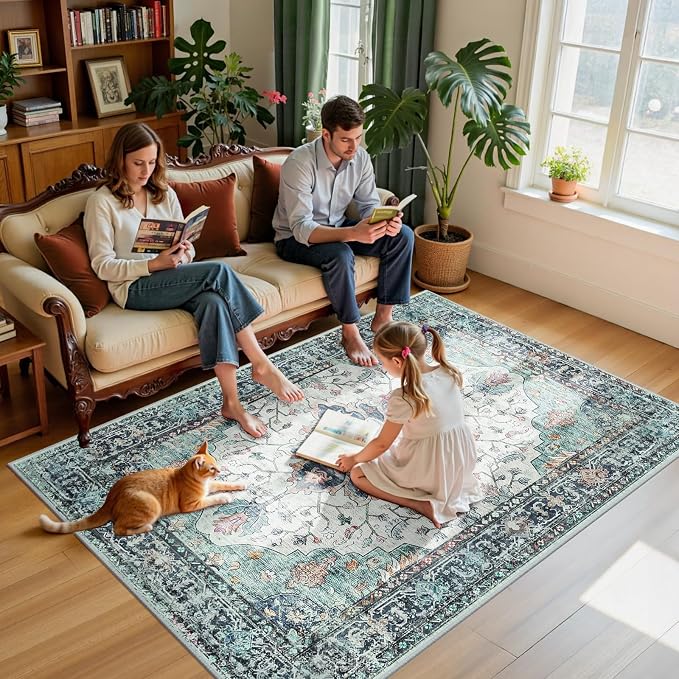 RELEANY Area Rugs 5'x7' Washable Non-Slip, Floral Vintage Distress Medallion