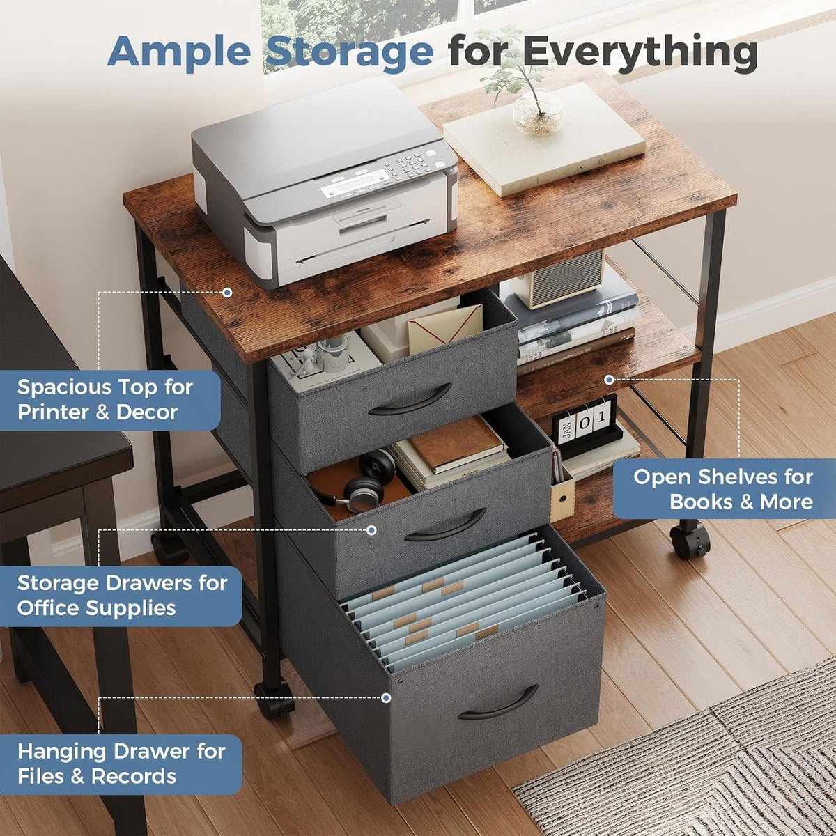 DUMOS 3 Drawer Mobile File Cabinet, Rolling Printer Stand with Storage
