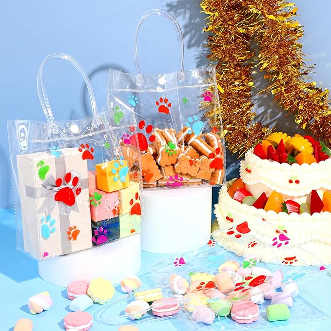 Teling 20 Packs Dog Paw Clear PVC Gift Bags with Handle Reusable Plastic Wrap Tote Bags Transparent for Puppy Pet Treat Party Favor Birthday Wedding Party, 8 x 8 x 3.15 Inch(Colorful)