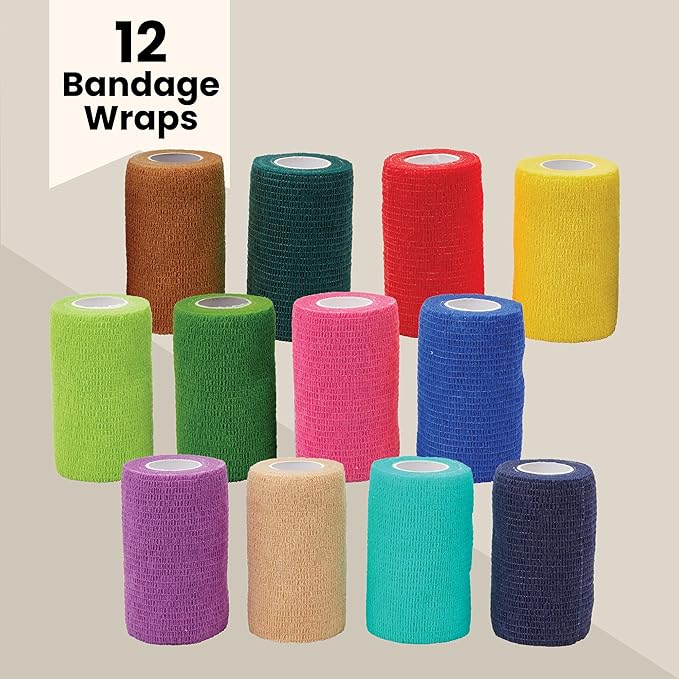 Juvale Cohesive Bandage Vet Wrap Rolls - Sprain & Strain Support Elastic Bandage & Vet Wrap for Dogs & Horses - Self-Adherent Dog Wound Care Tape - First Aid & Sports Tape - 12 Count, 4 in x 5 yd