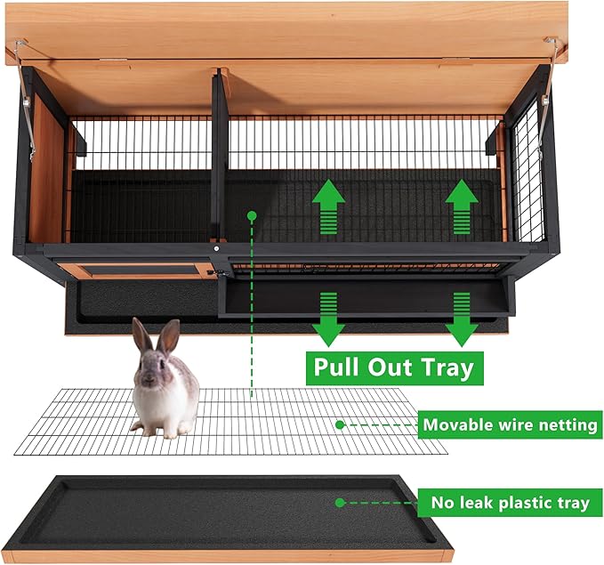 Rabbit Cage Elevated Bunny Hutch Indoor Outdoor,Wooden Chicken Coop Rabbit Hideout with Pull Out Tray,Feeding Trough,Metal Wire Pan and Openable Water-Resistant Asphalt Roof for Small Animals(Brown)