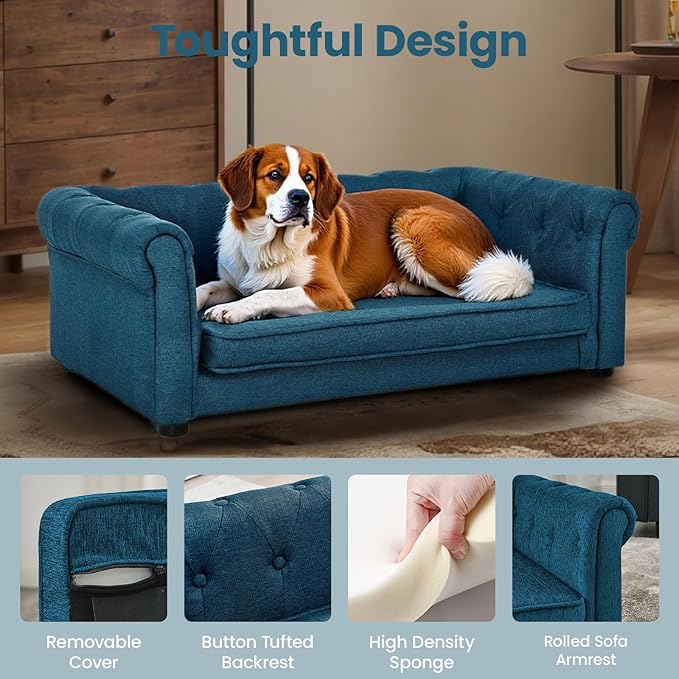 Elevated Dog Sofa with Backrest and Armrests, Button Tufted Pet Bed with Soft Cushion for Medium Dogs, Stylish Lounging Bed Pet Couch Chair for 60Lbs Dog, Blue
