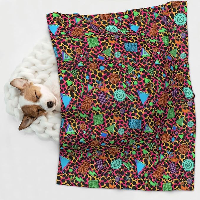 Dog Cat Blanket Double Sided, Geometric Checkered Zebra Tiger Leopard Print Hot Pink Vintage Retro 80S 90S, Plush with Raised Dot Pattern and Smooth Reverse for Cuddling
