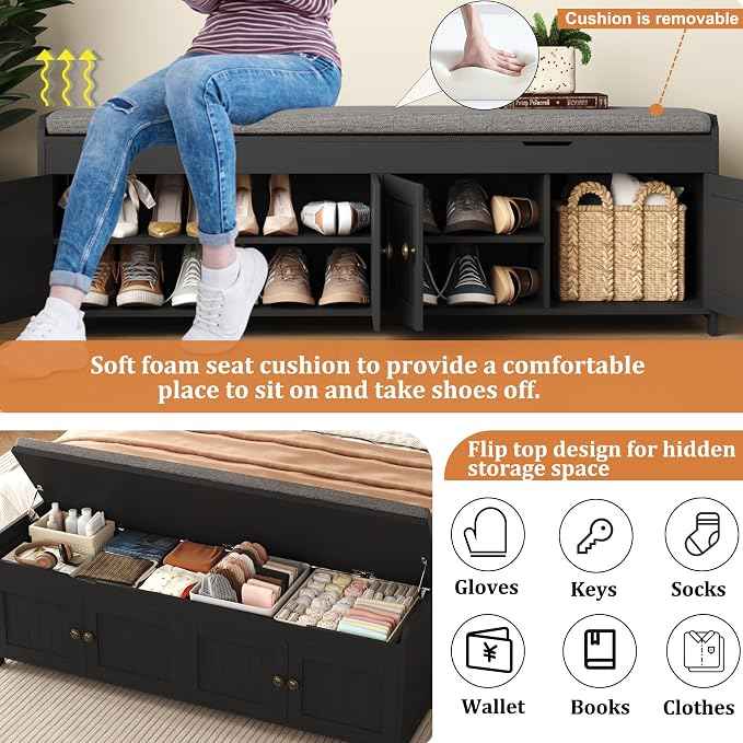 HOMEFORT 54.4" Shoe Bench with Lift Top Storage, Entryway Bench with Cushioned
