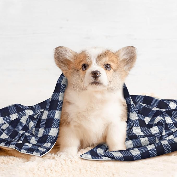 Waterproof Dog Blanket Soft Pet Blanket for Puppy Cat, Fleece Cat Throw Blankets for Furniture Bed Couch Sofa Reversible - Navy Blue Gingham 1