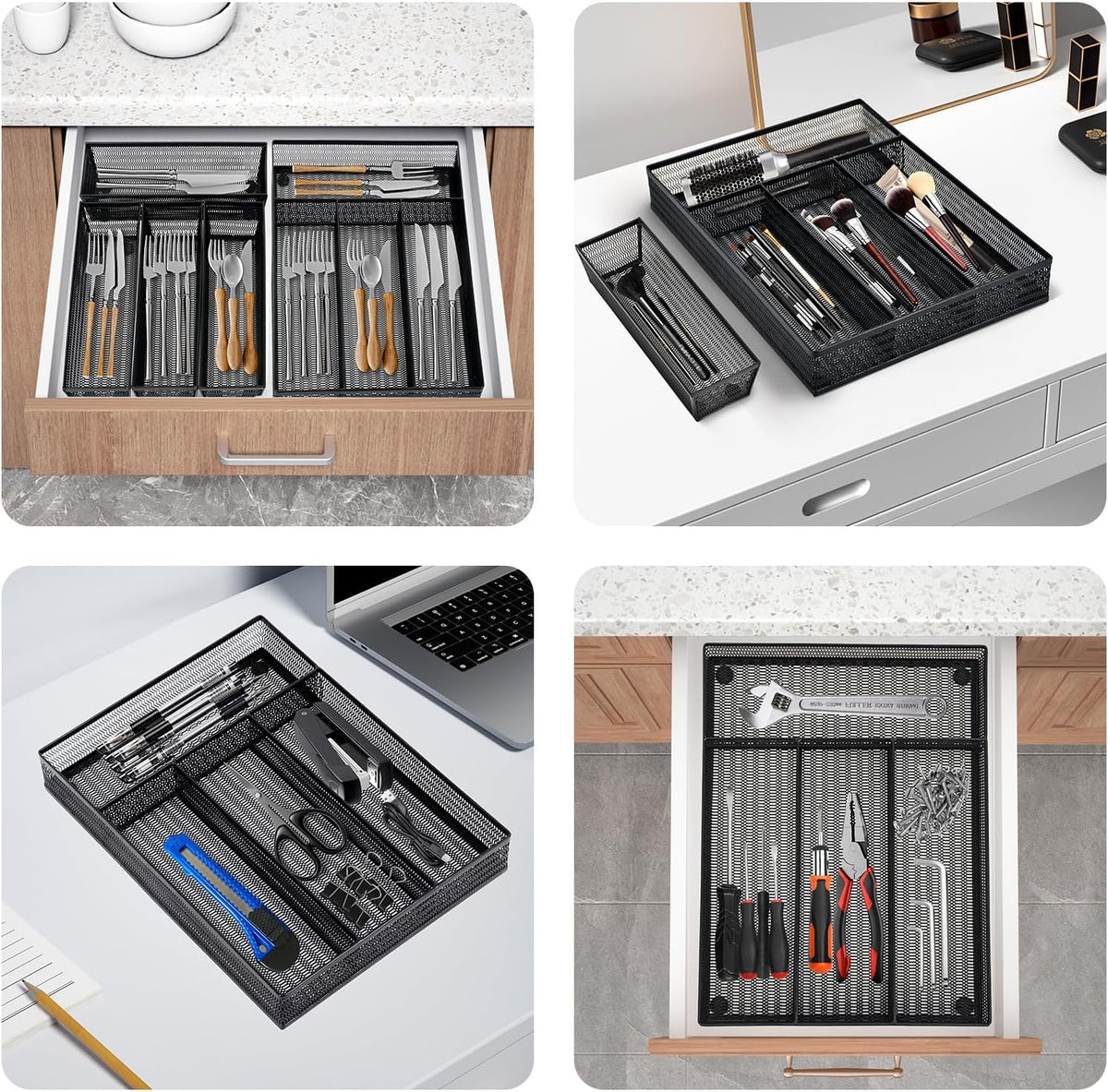 Neudeco Drawer Organizer Set, Black Mesh, 5 Pack