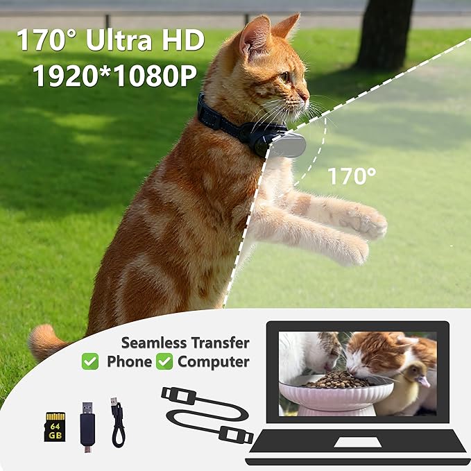 WHALPAW HD 1080P Pet Camera Collar - 64GB Mini Action Cam for Cats/Dogs, Wearable Body Camera with 170° Lens & Adjustable Clip, No WiFi Needed (Black 64G)