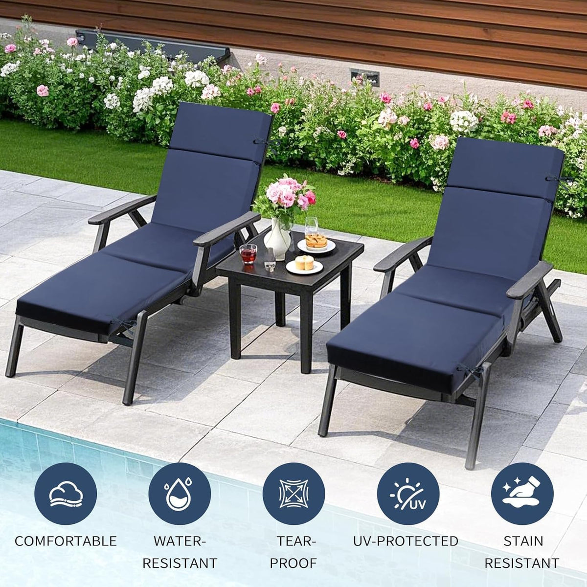 2 Pack Blue Outdoor Chaise Lounge Cushions, 72x21x3 in