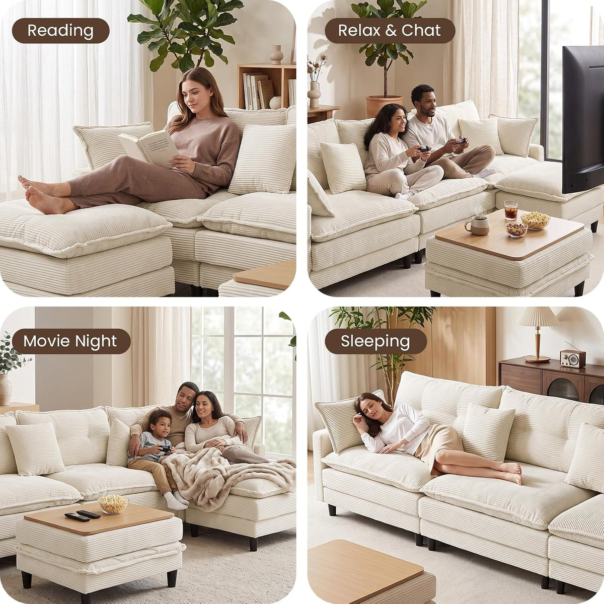 Corduroy Storage Ottoman Coffee Table for Modular Sectional Couch, Corduroy Footrest Extension with Hidden Storage, Modern Soft Cushioned Stool for Living Room, Cream
