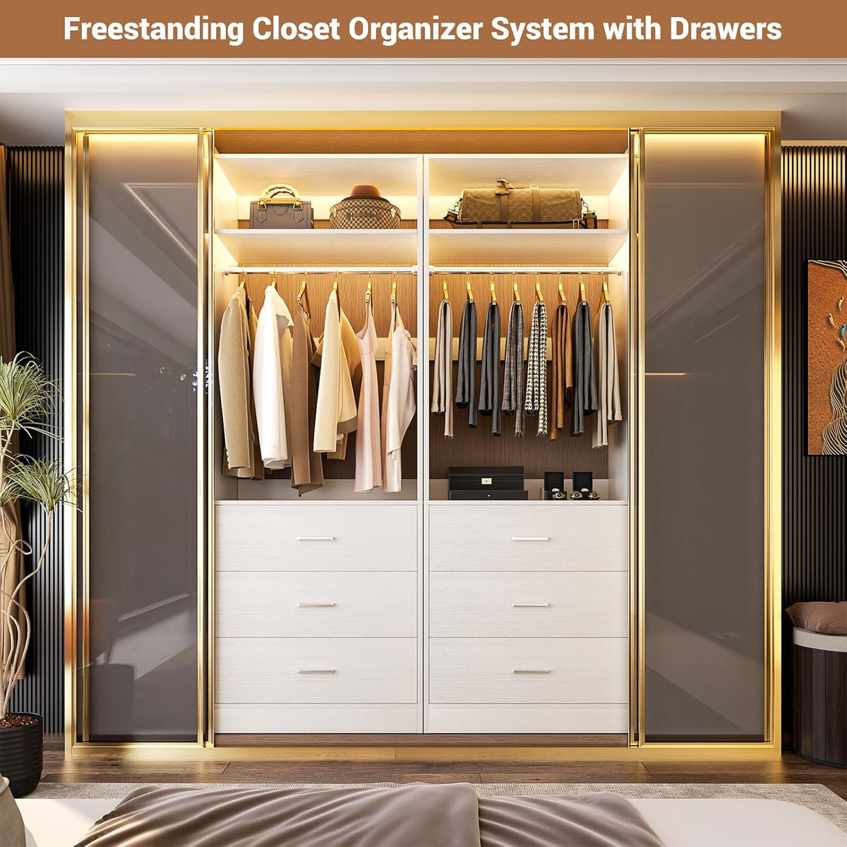 Besiost Freestanding Closet System with 3 Drawers, Wood Closet Organizer