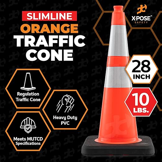 Xpose Safety 28 Inch Orange Slim Line Traffic Cones Heavy Duty 10lb with 6" & 4" Collars, 24 Pack Multipurpose PVC Plastic Safety Cone for Parking, Soccer, Caution, Kids & Construction - DOT Approved