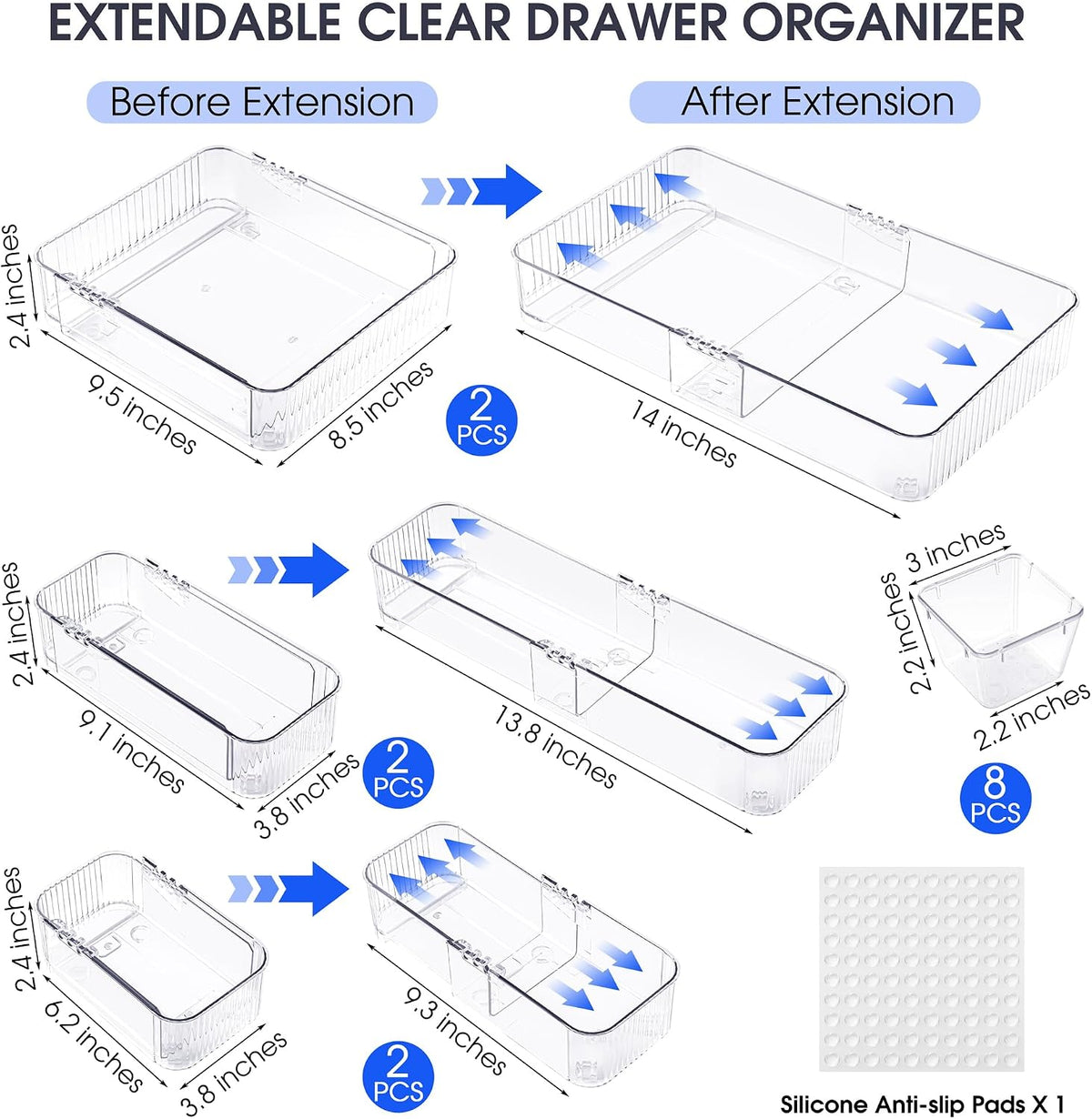 Aneco 14Pcs Extendable Drawer Organizer 4-Size Expandable Drawer Organizer