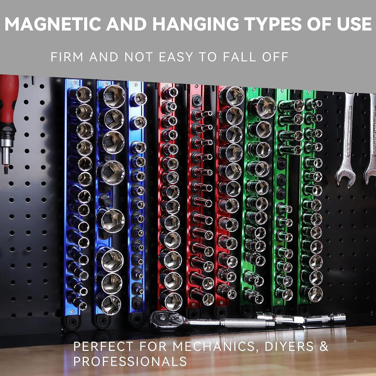 Magnetic Socket Holder Organizer 1/4" 3/8" 1/2" Socket Rail with 120 Clips