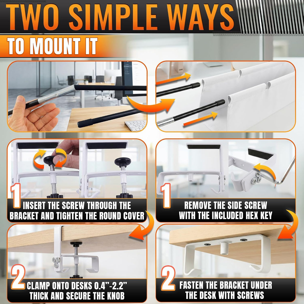 Under Desk Cable Management Tray 36" — No Drill Clamp-On Cord Organizer for Desk with Built-in Ties, Heavy Duty Metal Clamp, Foldable 600D Oxford Fabric for Home Office, WFH & Gaming PC Setup (White)