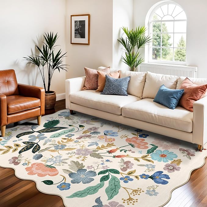 5x7 Living Room Area Rugs: Washable Floral Non-Slip Rug