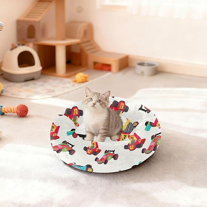 Dog Bed Race Cars Sleeping Pet Bed with Anti-Slip Bottom for Small Medium Dogs and Cats, Round Calming Sleeping Washable Puppy Beds 16 in