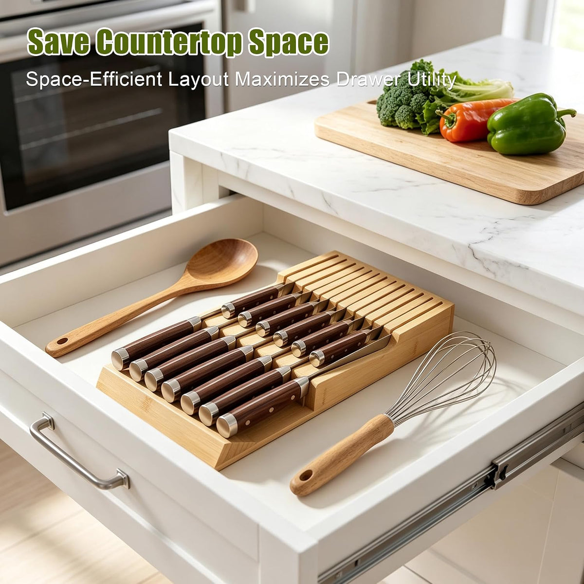 Bamboo Kitchen Drawer Knife Block, In drawer Knife Holder, Knife Drawer Organizer fit for 13 knives