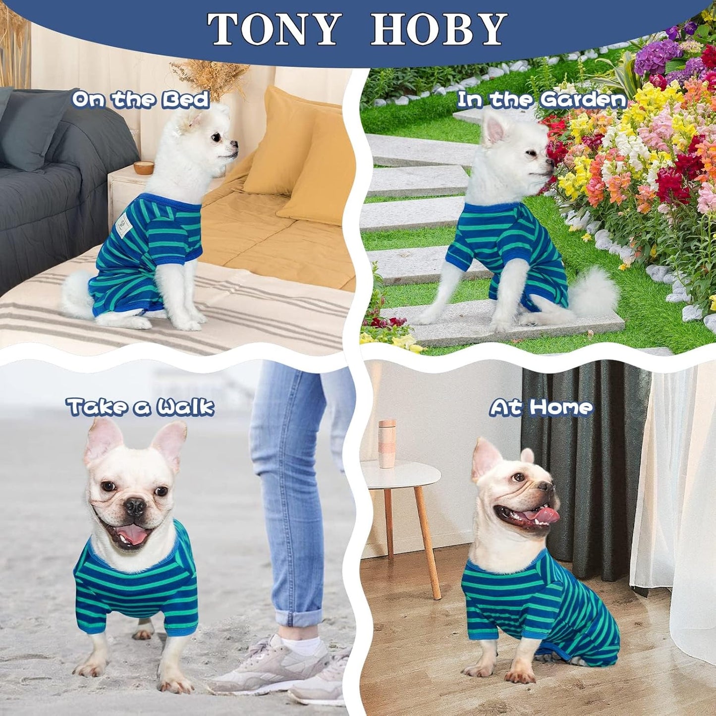 TONY HOBY Dog Pajamas for Medium Small Dogs, Dog Jumpsuit with Stripes 4 Legged Pajamas, Soft Dogs Pet Clothes (Blue&Green, Girl, L)