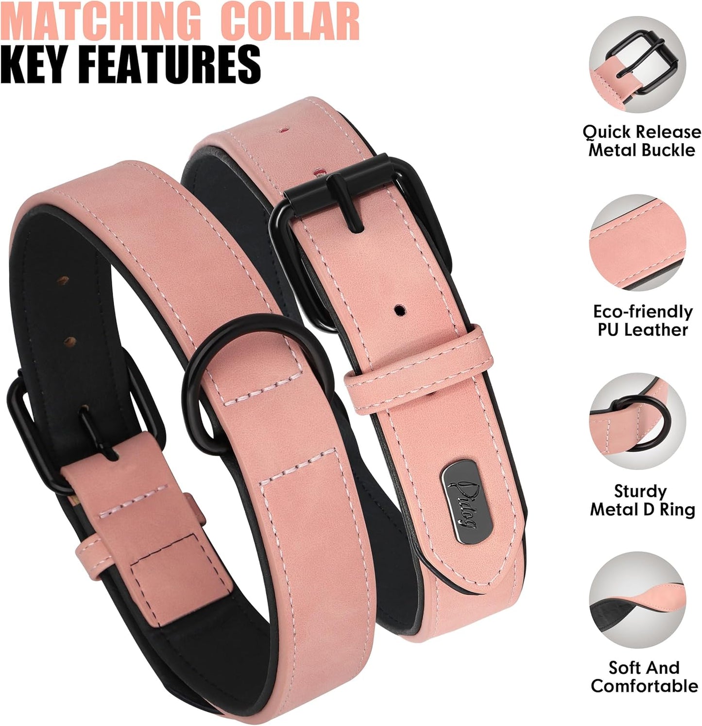 Didog Soft Padded Leather Dog Collar and Leash Set,Pink Breathable Pet Collars with 4FT PU Leather Dog Leash for Small Medium Large Dogs, Pink, M