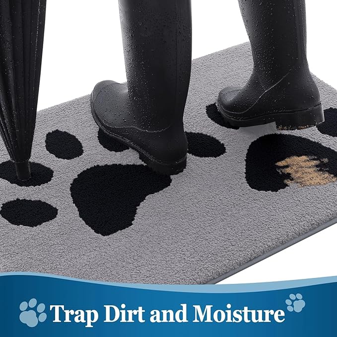 Buganda Dog Door Mat for Muddy Paws, Absorbent Dirt Trapper Washable Indoor Doormats, Non Slip Low-Profile Mud Mat for Dogs, Front Entrance Doormat for Inside Floor (36x24 Inches, Grey)