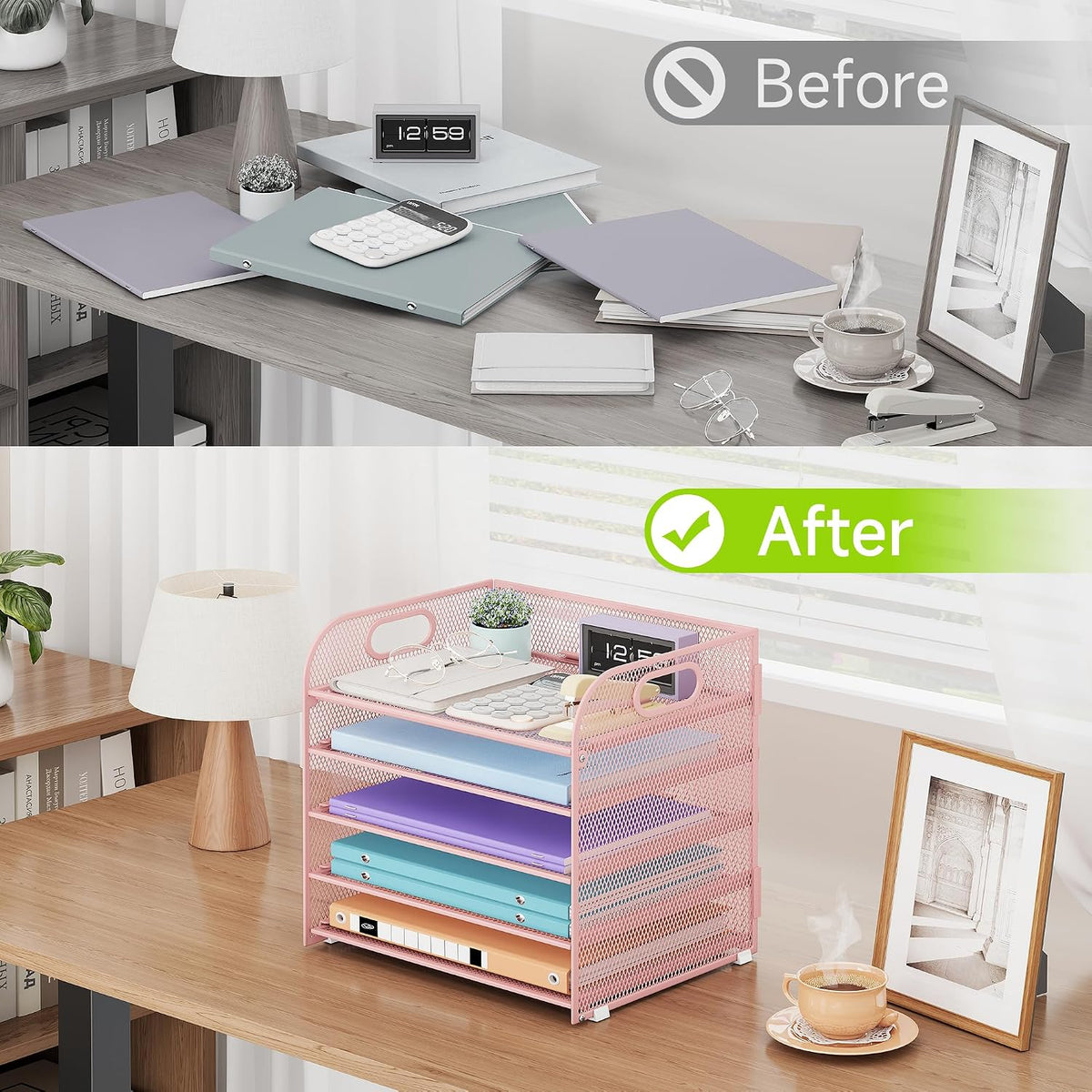 Cawukege 2 Pack 5 Tier Paper Organizer, Letter Tray with Handle, Mesh Desk Organizer, Metal File Organizer, Office Desk Accessories for Home, Office, Classroom, School (Pink, 2)