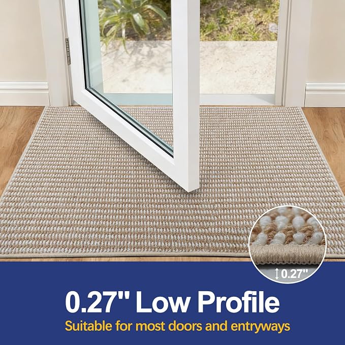 Dirt Trapping Door Mat 24x36, Taupe & White Faux Jute Entryway Rug | Low-Profile