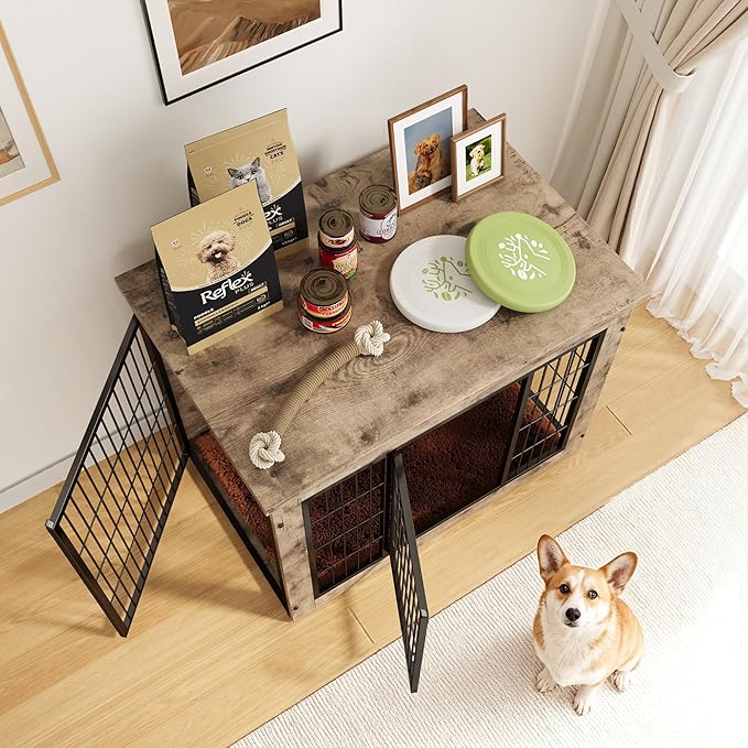 Greesum Modern Dog Crate Furniture That Doubles as a Side Table - Sturdy Wooden Kennel with Double Door Design, Equipped with Soft Cushion & Chew-Resistant Resign, Suitable for Dogs