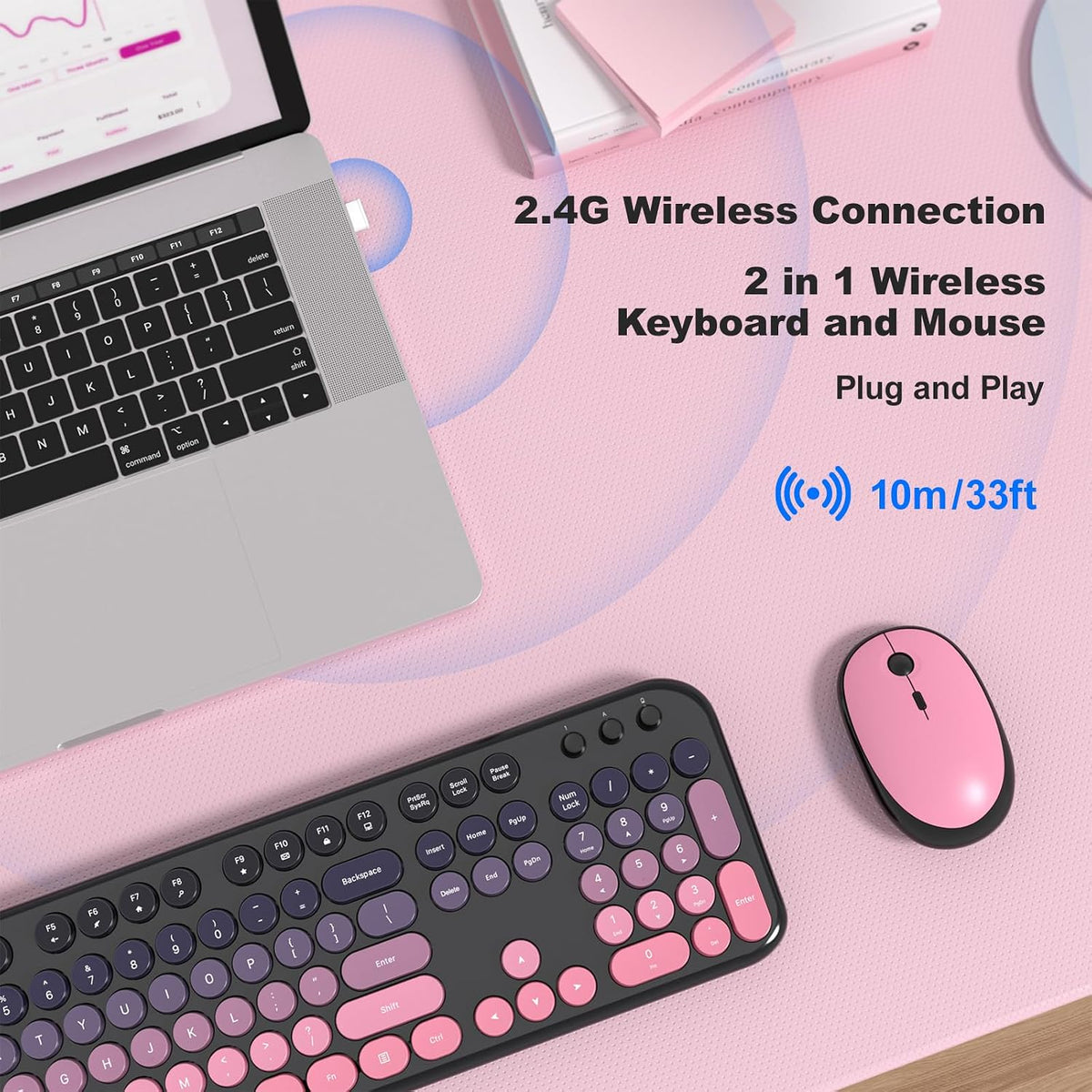 Wireless Keyboard Mouse Combo - Lovely CherryPink-Gradient Rainbow Full-Sized Typewriter Colorful Keyboards, Round Keycap Plug Play Retro Cute Keyboards for Windows, Laptop, PC, Desktop, Computer
