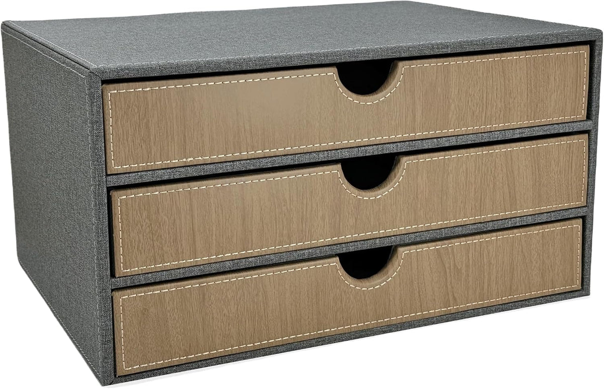 3-Drawer Leather Desk Organizer with A4 File Holder-Stackable Modular Storage Box for Office Supplies,Files,Bills & Jewelry-Space-Saving Design for Home Office,Desk & Workspace(Grey Cloth)