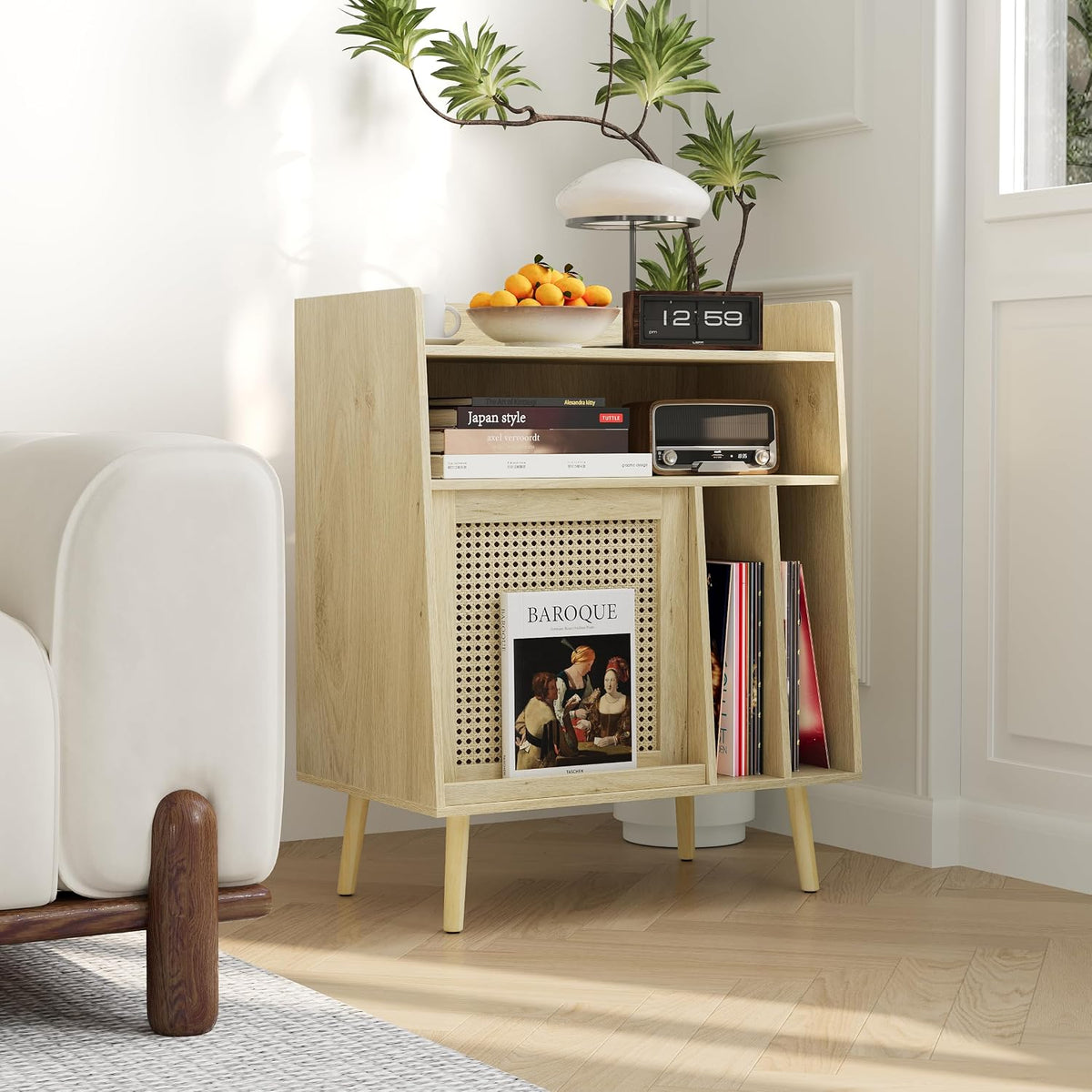 Semiocthome Record Player Stand with Vinyl Storage, Record Player Table with Storage Shelf, Turntable Stand with Rattan Cabinet Door, Side Table with Solid Wood Legs for Turntables for Living Room