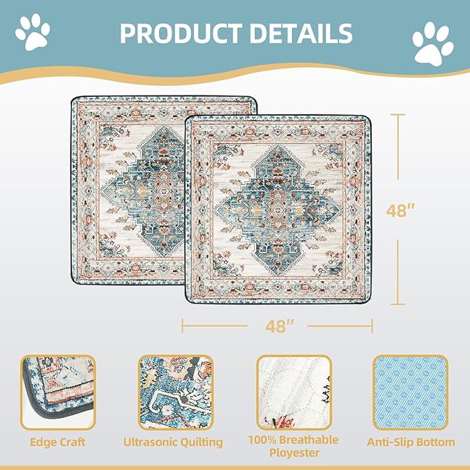 Washable Pee Pads for Dogs Large 2 Pack, 48" x 48" Reusable Puppy Pads Waterproof Dog Rugs, Super Absorbent, Leakproof, Dog Crate Pad, Playpen Mat, Whelping Pads, Blue Medallion