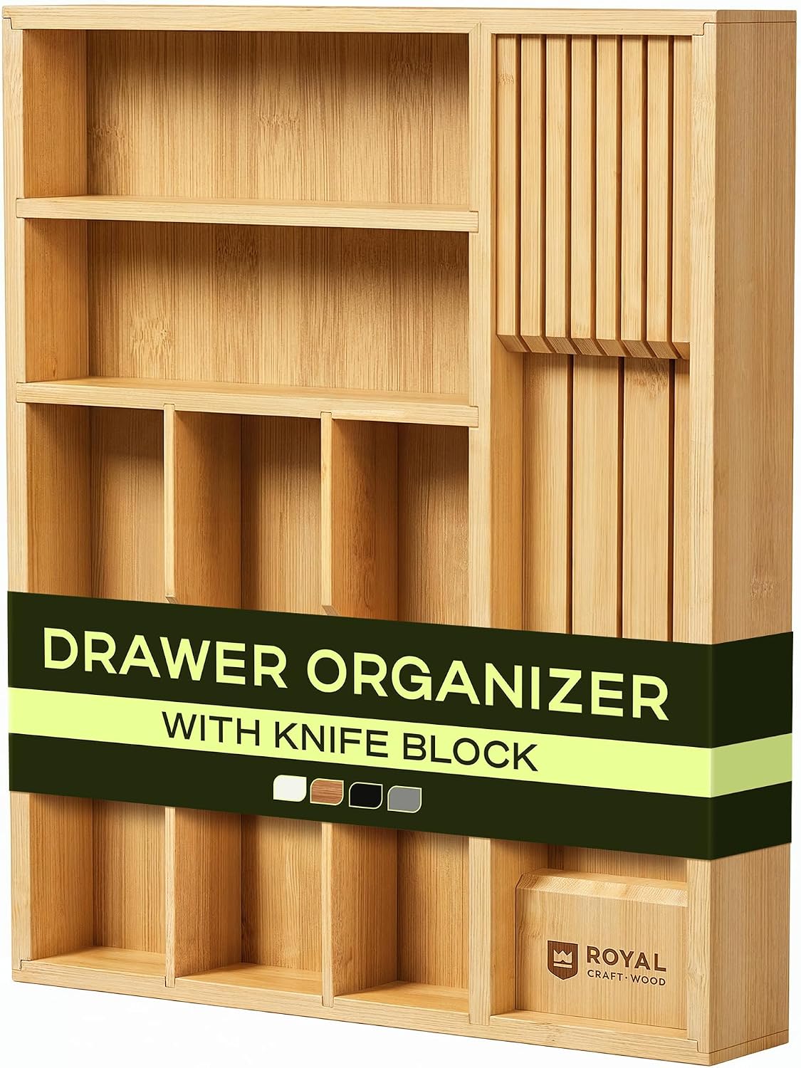 Drawer Organizer with Knife Block for Kitchen Organization, Bamboo Silverware Drawer Organizer, Compact Bamboo Cutlery Tray for Flatware and Utensils, Removable 7-Slot Knife Block for Kitchen Drawers