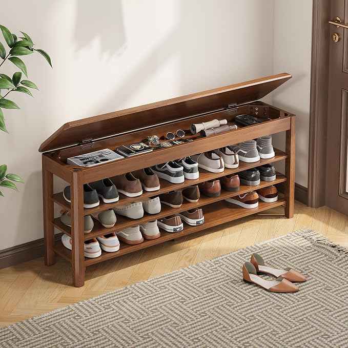 Shoe Rack Bench Seat Rubberwood 3-Tier Wooden Storage Bench 550lbs Compact