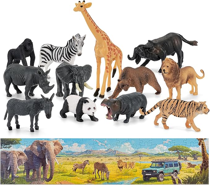Safari Animals Figures Toys,12PCS Realistic Wild Zoo Animal Figurines Sensory Toys Plastic African Jungle Animals Playset and 108PCS 29.5'' Jungle Jigsaw Puzzles Toy for Kids Toddlers